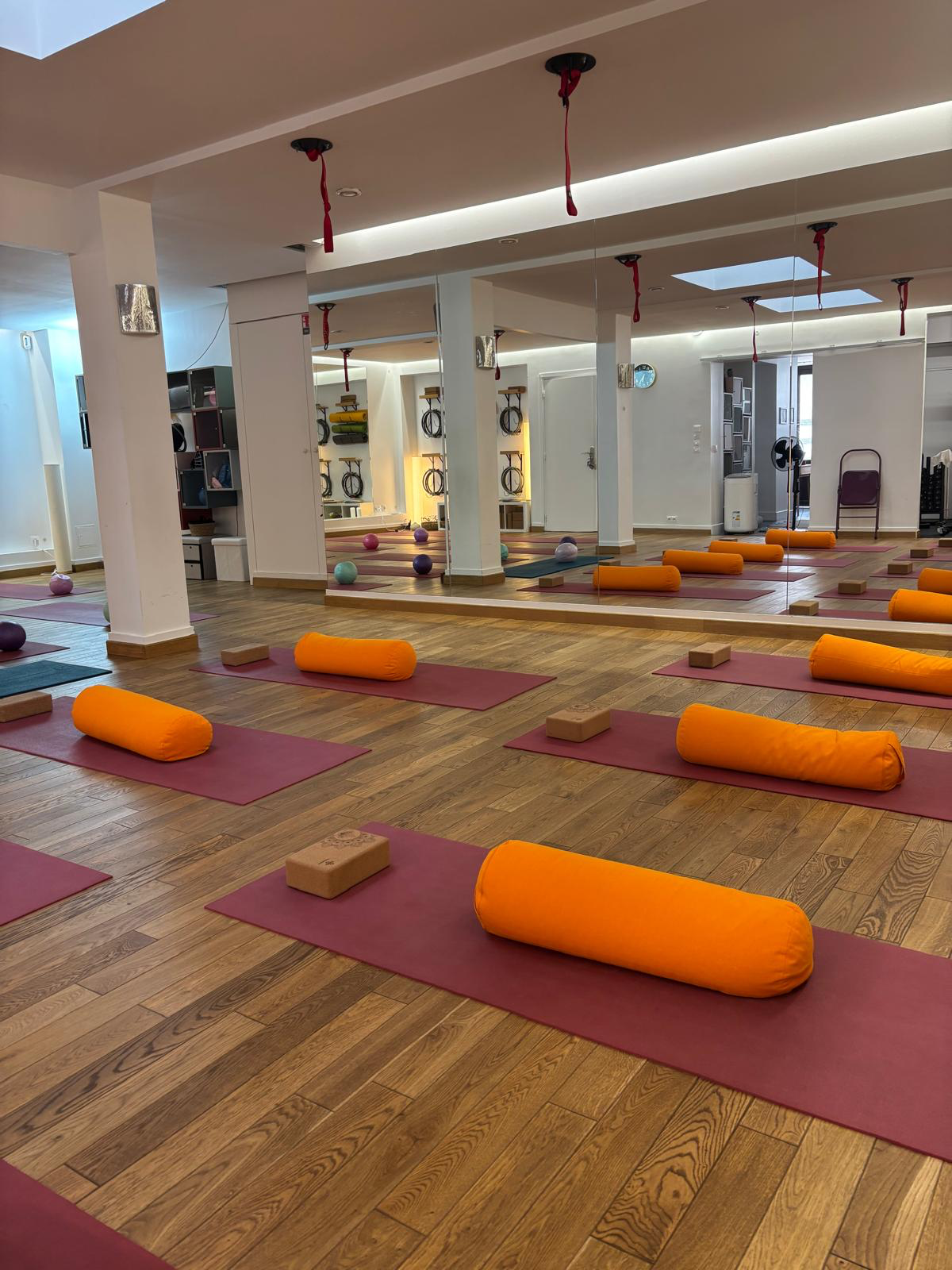 Salle du studio avec hamacs de yoga aérien suspendus et tapis bordeaux face au mur miroir